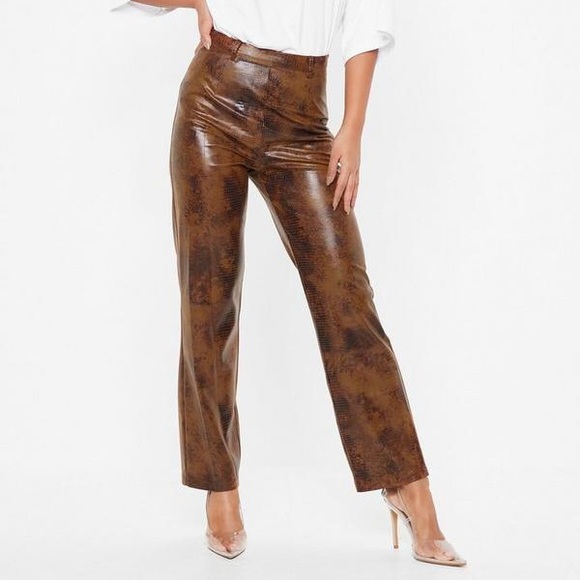 Brown Faux Leather Croc Look Pants 